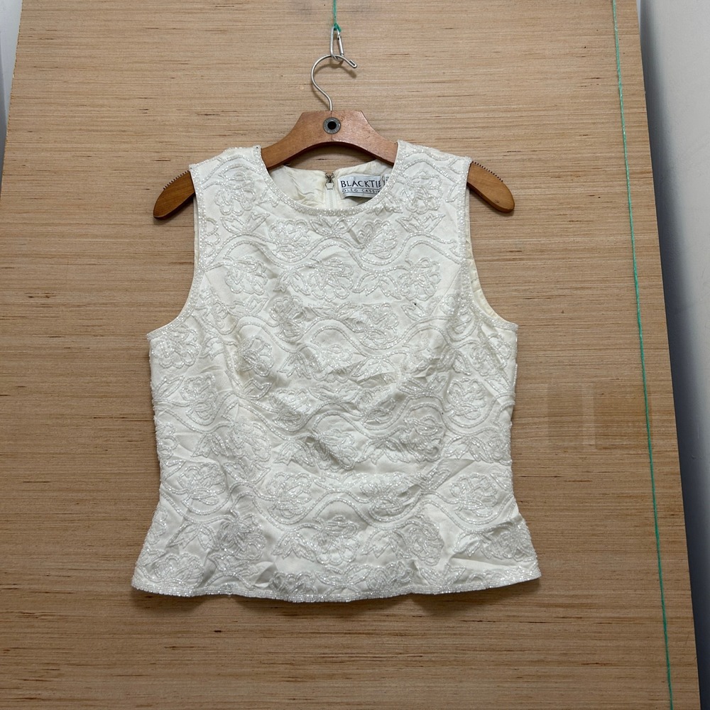 Oleg Cassini Black Tie Cream Beaded Floral Sleeveless Top Size 10 Formal Evening